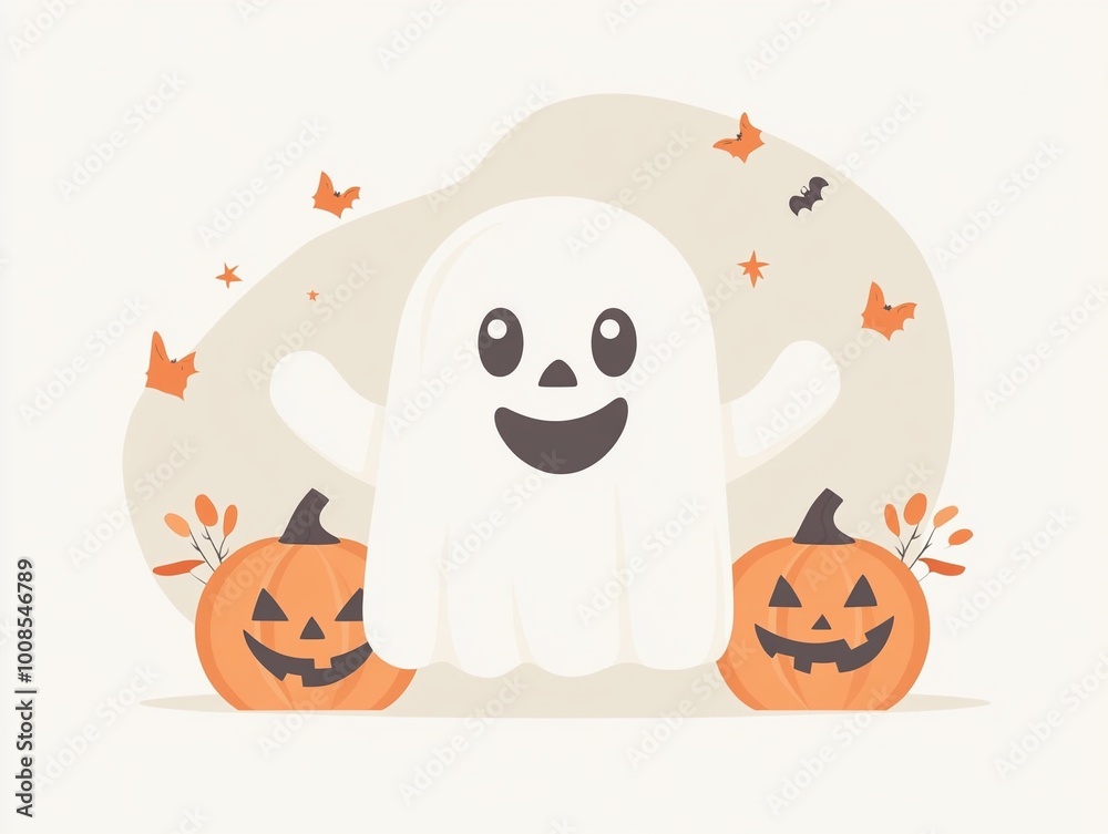 Obraz premium Cute cartoon Halloween ghost with pumpkin Jack-o'-lantern.