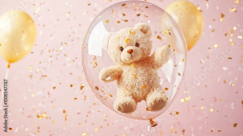 A dynamic shot of a teddy bear inside a clear balloon with gold confetti floating in the air