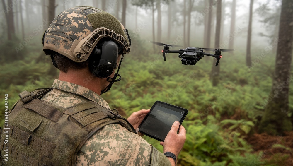 Soldier Operating Drone with iPad in a Misty Forest Landscape Soldier Operating Drone with iPad in a Misty Forest Landscape