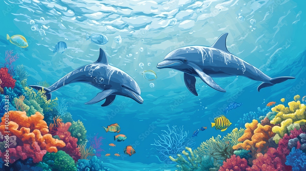 Fototapeta premium Two dolphins swim over a vibrant coral reef with colorful fish.
