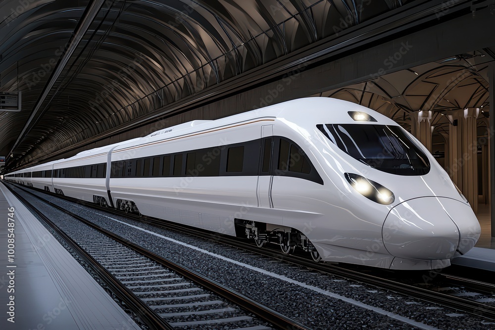 Naklejka premium A sleek, modern high-speed train captured at a station, showcasing its aerodynamic design and advanced technology against a minimalist backdrop.