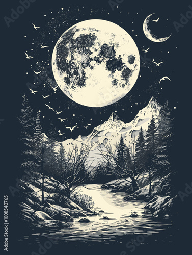 A black and white drawing of a moonlit forest with a river and a mountain in the background