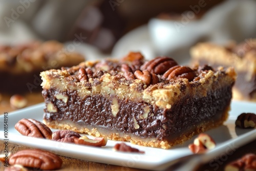 decadent desserts, decadent chocolate pecan pie bars with a rich filling and buttery crust, a treat for all chocolate enthusiasts photo