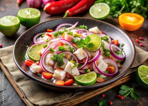 Fresh and Colorful Ceviche Peruano Served on a Plate with Lime, Cilantro, and Red Onions