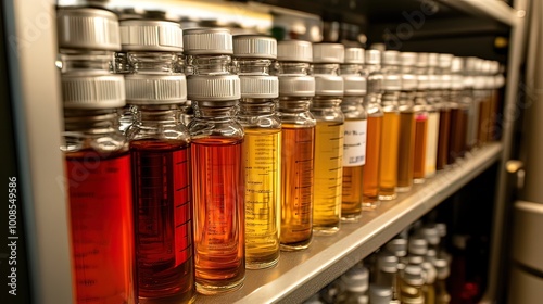 Glass Bottles Filled With Liquids On Shelves In A Laboratory