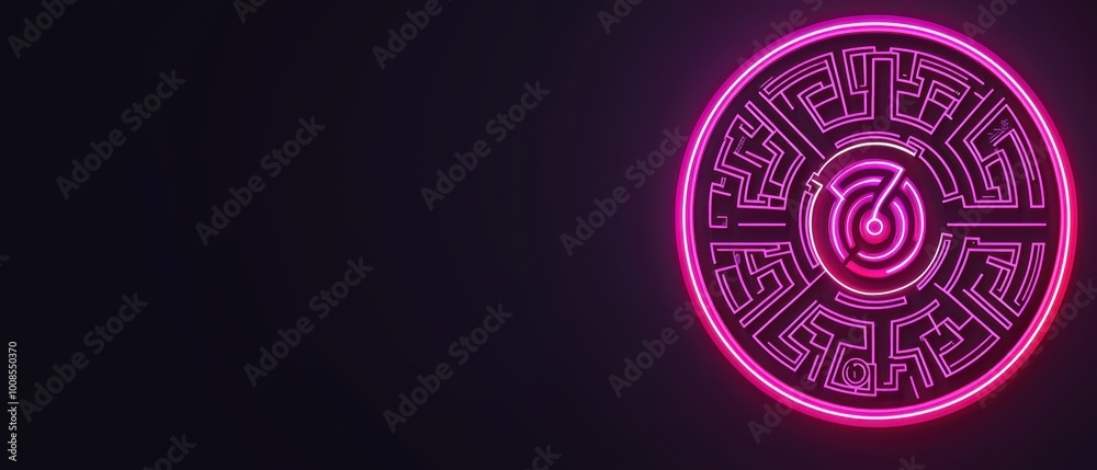 A vibrant neon sign featuring intricate geometric patterns, emitting a bright pink glow against a dark background, perfect for modern design themes.
