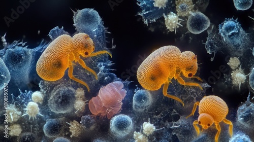 Dust mites are examined closely under a microscope, demonstrating their distinct features and interactions within a rich microscopic environment filled with particles