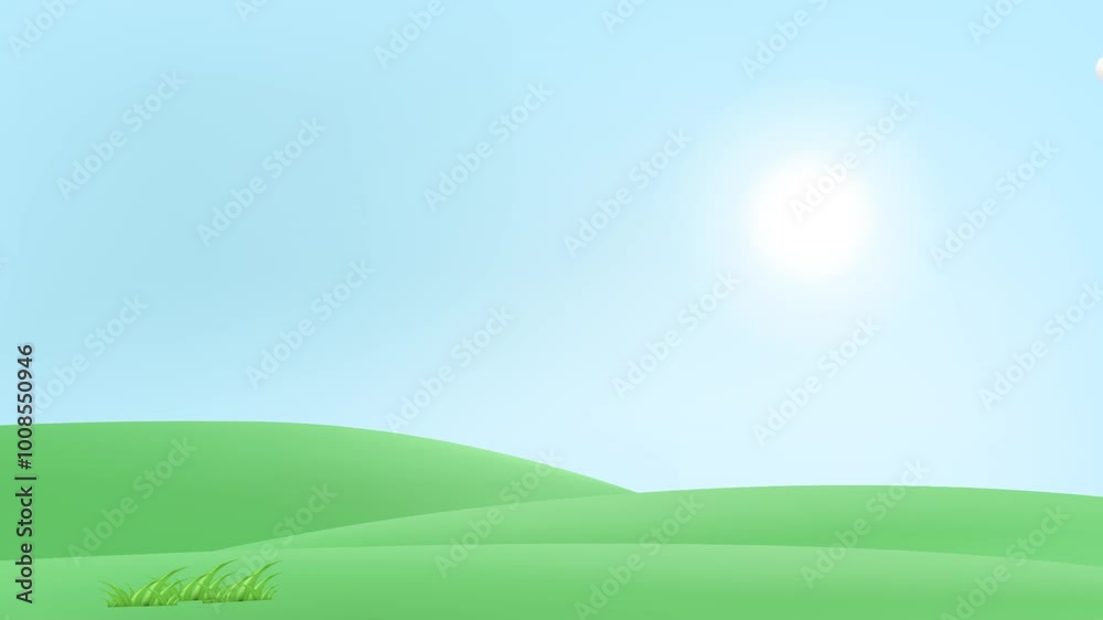3d landscape mountain and hills video animation, cloud and sun. Nature parallax motion footage 2d animation.
