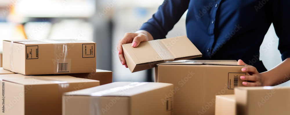 Worker sorting cardboard boxes in a warehouse during the afternoon for efficient inventory management Worker sorting cardboard boxes in a warehouse during the afternoon for efficient inventory management