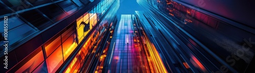 Wallpaper Mural A vibrant perspective of a modern cityscape showcasing colorful lights and tall buildings reflecting urban life and energy. Torontodigital.ca