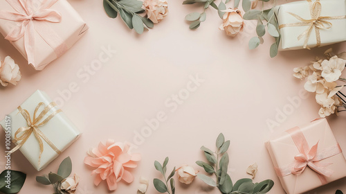 Elegant invitation space for a celebration featuring soft pastel decor and beautifully wrapped gifts surrounded by floral arrangements