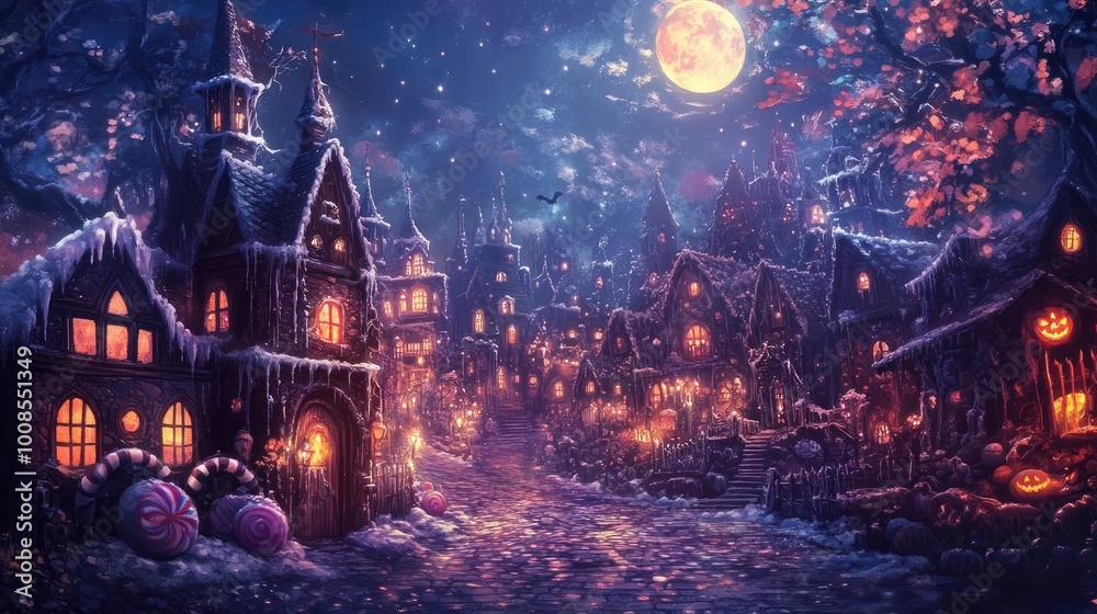 Fototapeta premium A magical snowy village at night, illuminated by pumpkin lights under a full moon. Perfect for Halloween and winter themes.