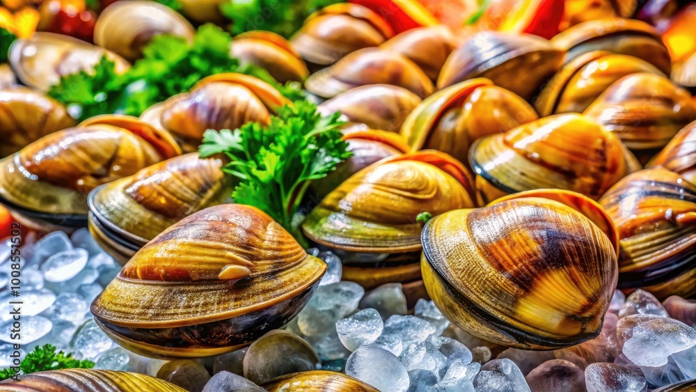 Fresh Littleneck Clams on Ice Ready for Cooking and Seafood Dishes at a Market or Restaurant Fresh Littleneck Clams on Ice Ready for Cooking and Seafood Dishes at a Market or Restaurant