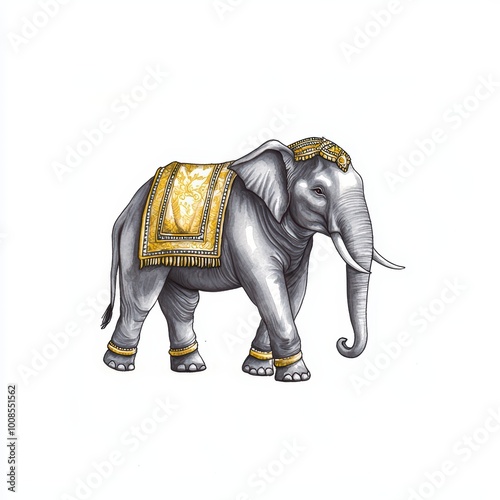 An intricately designed elephant adorned with gold accents, standing majestically against a white background. photo