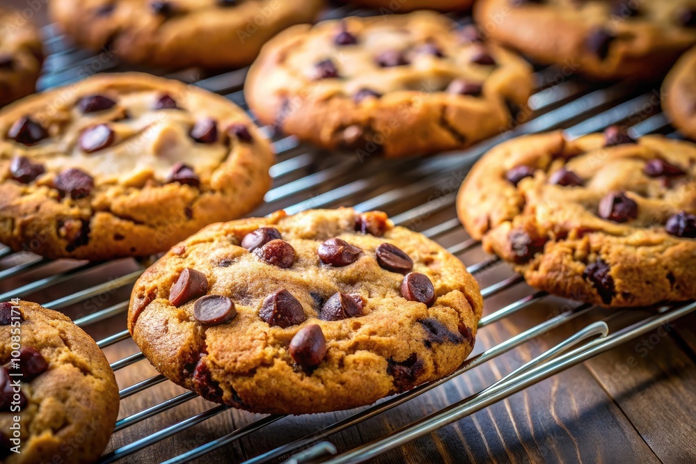 Freshly Baked Chocolate Chip Cookies Cooling on a Wire Rack After Being Taken Out of the Oven Freshly Baked Chocolate Chip Cookies Cooling on a Wire Rack After Being Taken Out of the Oven