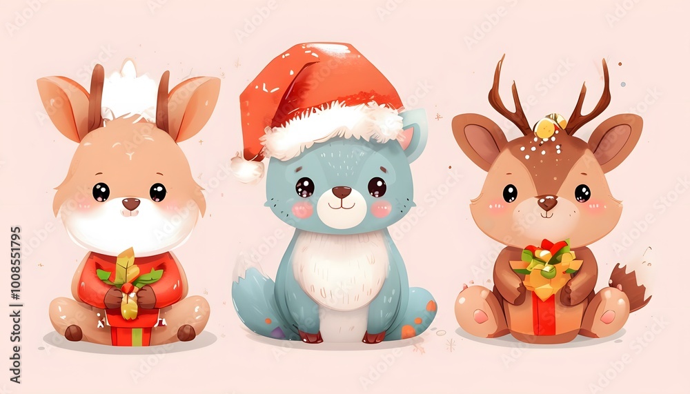 Fototapeta premium Cute animals for Christmas. Generative AI.