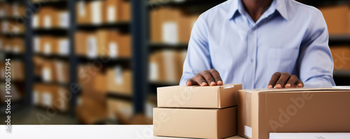 A person organizes small brown packages on a table in a warehouse during daylight, preparing for shipment to customers