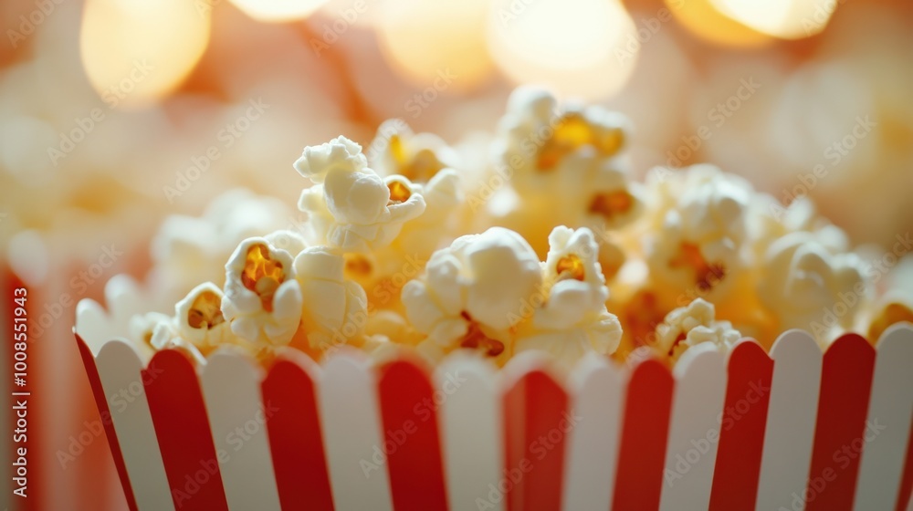 A close-up view of freshly popped buttery popcorn fills a red and white striped cup, ideal for movie watchers or casual snacking during gatherings A close-up view of freshly popped buttery popcorn fills a red and white striped cup, ideal for movie watchers or casual snacking during gatherings