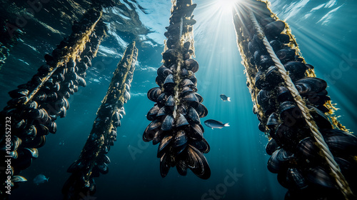 underwater view of mussel farming ropes in clear ocean waters illuminated by sunbeams