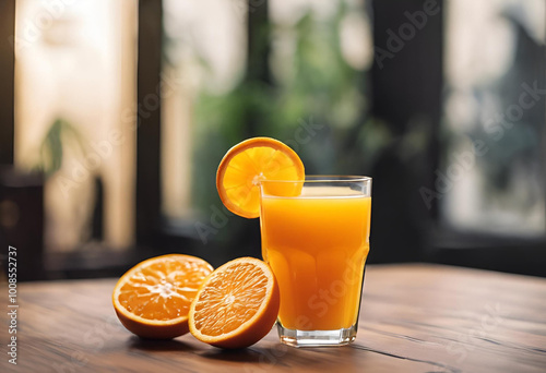 Freshly squeezed orange juice served in glasses with halved oranges on a rustic wooden table in a cozy setting