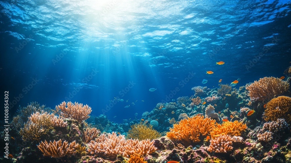 Fototapeta premium Underwater scene with sunlight shining through the surface and colorful coral reef.