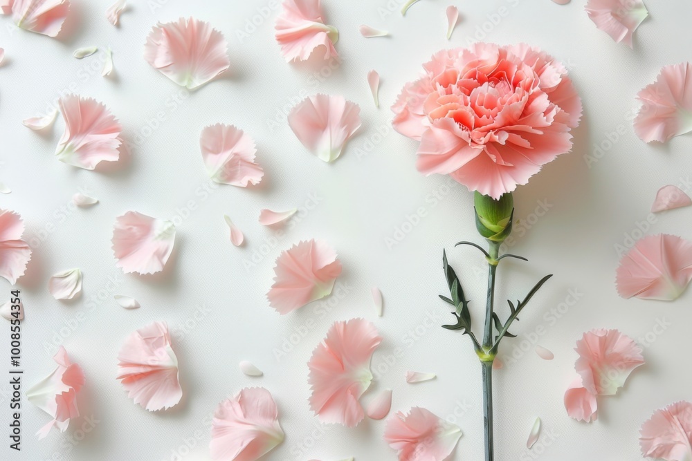 Elegant floral display with a pink carnation and its petals on a white backdrop, copy space Elegant floral display with a pink carnation and its petals on a white backdrop, copy space