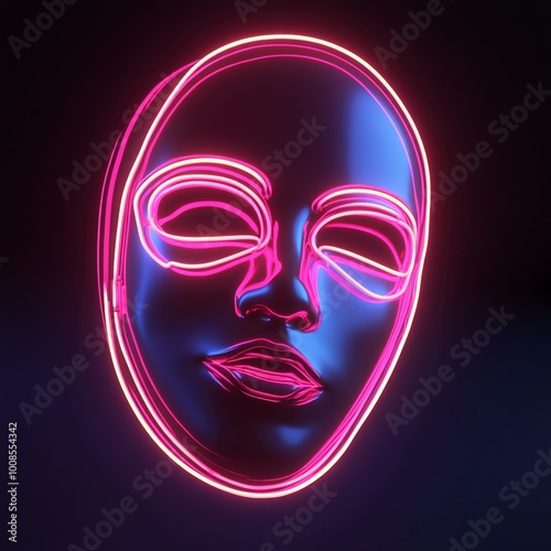 3D Neon Mask Icon: Glowing Face Accessory Illustration Logo photo