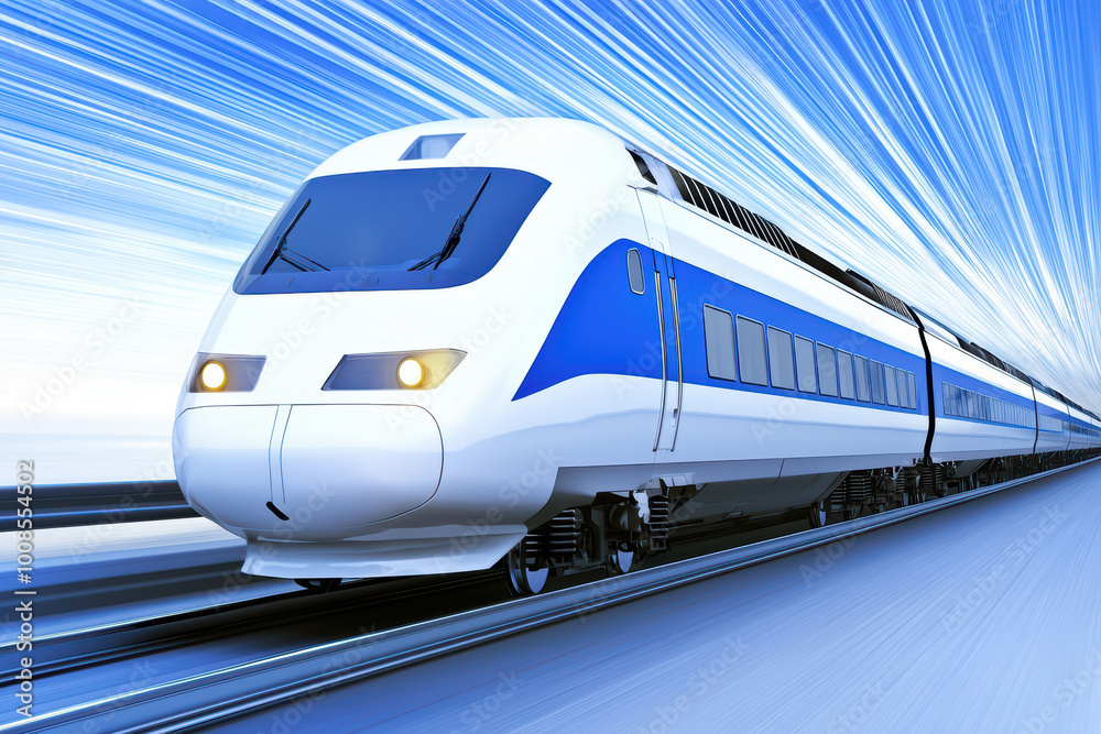 Fototapeta premium High-speed train traveling on a modern railway, showcasing motion blur and sleek design against a vibrant blue background.