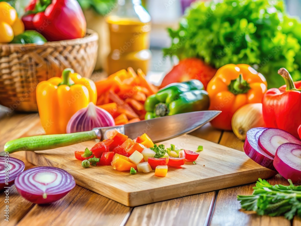Fresh Vegetables Being Chopped on a Wooden Cutting Board with a Sharp Knife in a Bright Kitchen Fresh Vegetables Being Chopped on a Wooden Cutting Board with a Sharp Knife in a Bright Kitchen