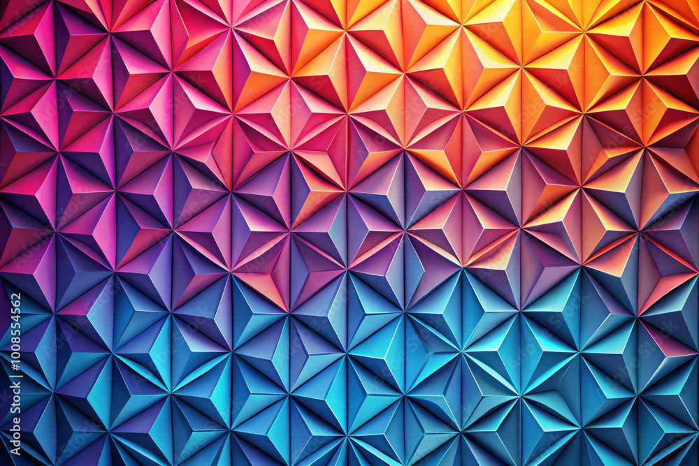 Vibrant geometric pattern featuring 3D design with radiant hues transitioning from warm to cool colors, creating visually striking effect Vibrant geometric pattern featuring 3D design with radiant hues transitioning from warm to cool colors, creating visually striking effect