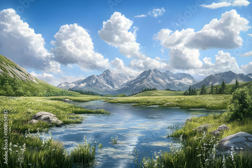 Photorealistic Clouds and Lush Meadow Landscape: Serene Nature Scene with Blue Sky and Rolling Grass Fields