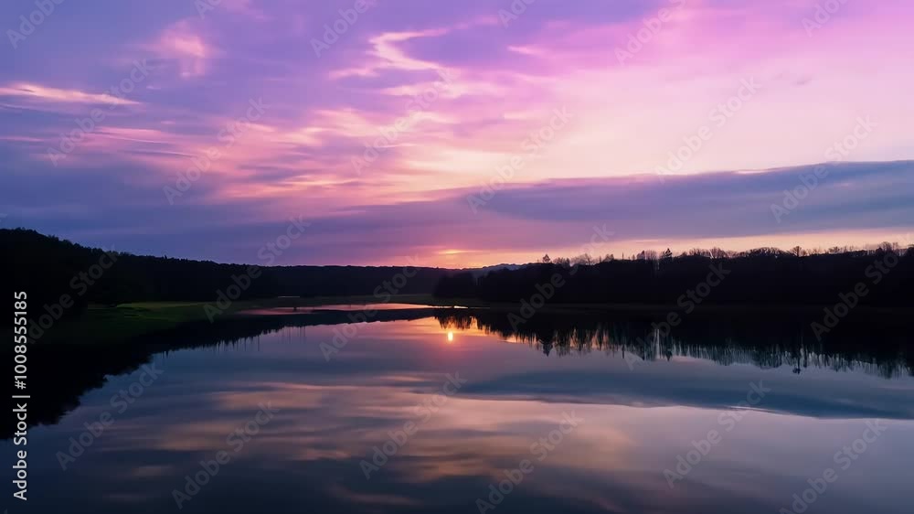Timelapse of sunrise over tranquil lake with changing sky reflections throughout the day Timelapse of sunrise over tranquil lake with changing sky reflections throughout the day