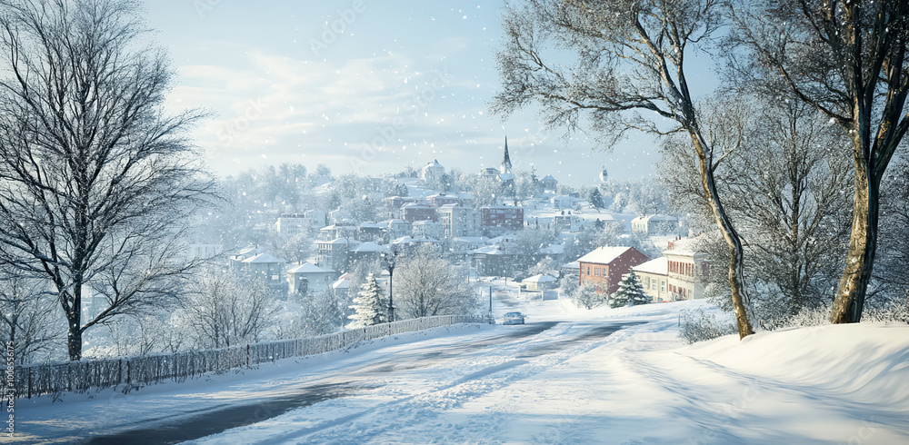 Naklejka premium Serene winter scene featuring a small town blanketed in snow. The snow-covered trees, rooftops, and softly falling flakes create a peaceful atmosphere in this picturesque landscape