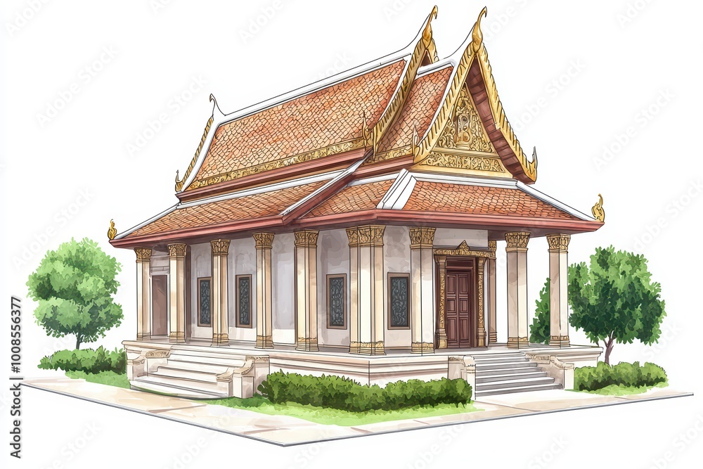 Traditional temple architecture with intricate details and vibrant colors, surrounded by lush greenery, showcasing cultural heritage and craftsmanship.
