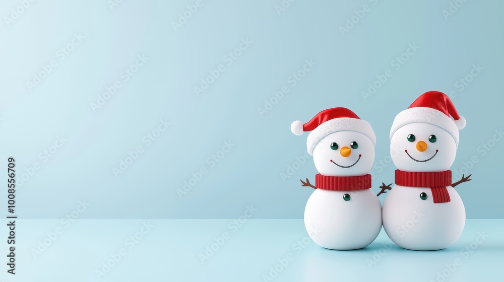 Two cheerful snowmen wearing red hats and scarves, standing together against a light blue background, perfect for holiday and winter themes. Two cheerful snowmen wearing red hats and scarves, standing together against a light blue background, perfect for holiday and winter themes.
