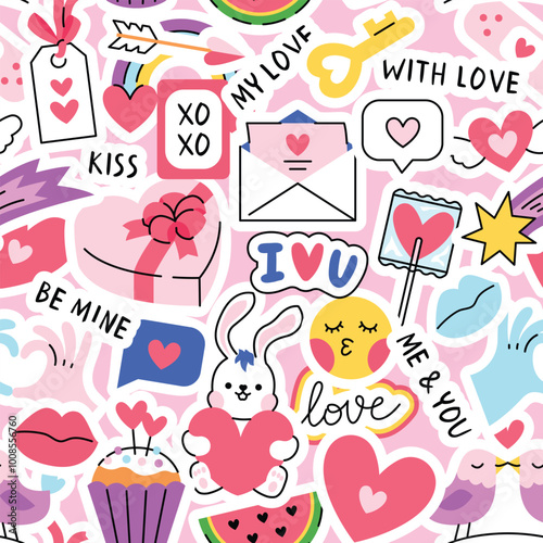 Romantic background with lots of cute cartoon stickers and hand written love phrases. Vector seamless pattern for Valentine's Day. 