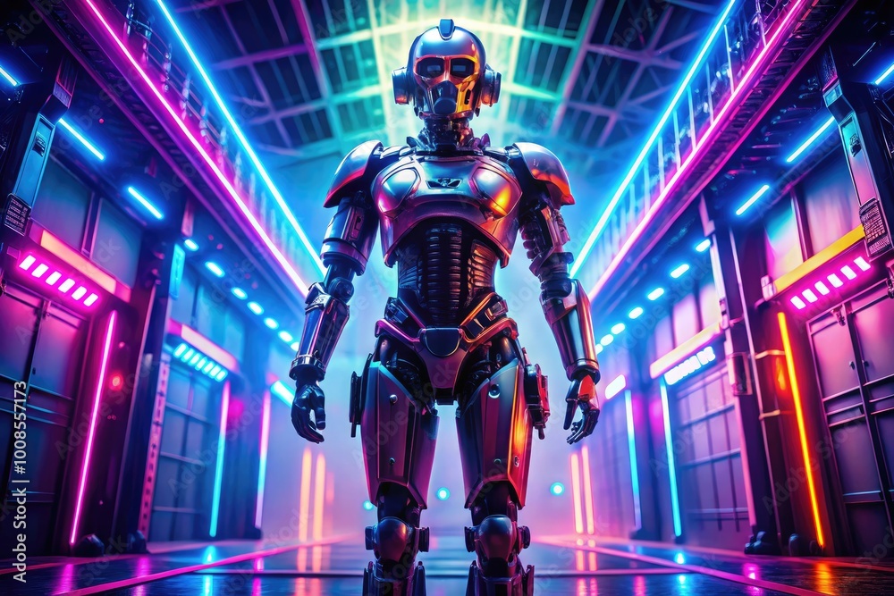 Futuristic Sci-Fi Robot Standing in a High-Tech Environment with Neon Lights and Advanced Technology Futuristic Sci-Fi Robot Standing in a High-Tech Environment with Neon Lights and Advanced Technology