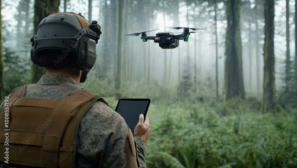 Fototapeta premium Soldier Operating Drone with iPad in a Misty Forest Landscape