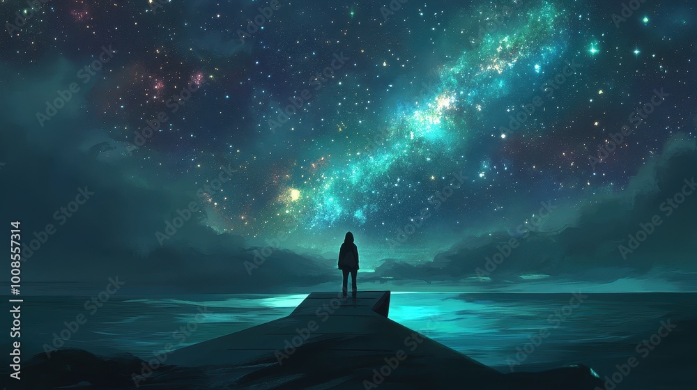 Starry Night Sky and Lone Figure on Rock Overlooking a Serene Lake Starry Night Sky and Lone Figure on Rock Overlooking a Serene Lake