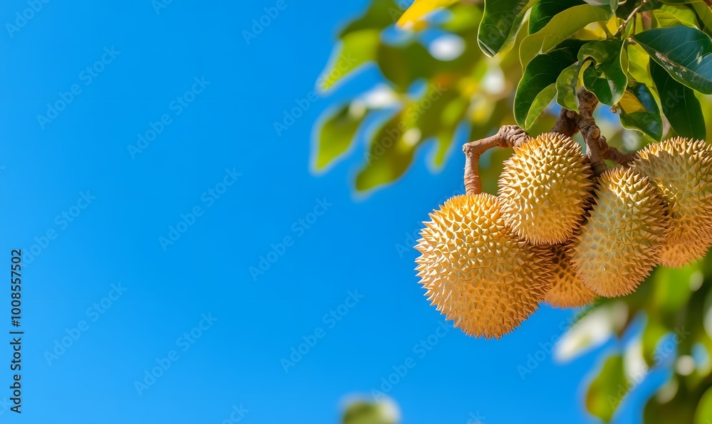 Ripe durians hanging majestically on lush green trees in a durian farm. Generative AI 