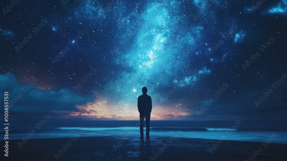 Starry Night Sky Reflection on Ocean Silhouette Landscape