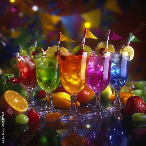 Colorful Party Cocktails with Fresh Fruits and Festive Flags