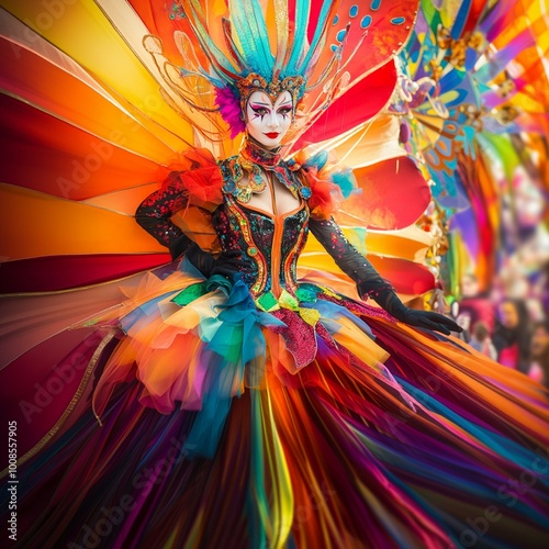 Extravagant Carnival Costume with Vibrant Rainbow Colors and Feathers
