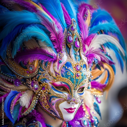 Ornate Carnival Mask with Vibrant Feathers and Glittering Jewels