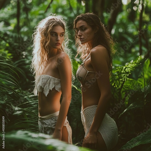 Two Women in Tropical Jungle Setting with Bohemian Style