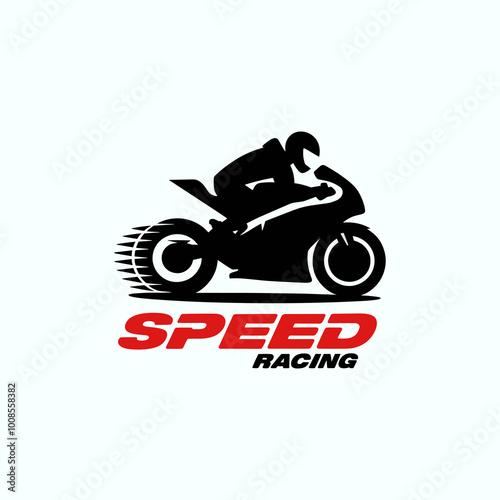 A man is riding a motorcycle logo with the word Speed Racing photo