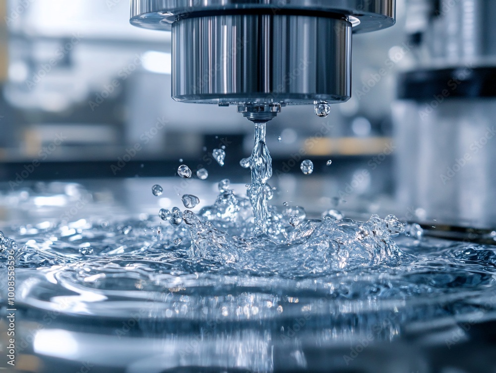 Close-up of water droplets splashing into a basin from a metallic nozzle in a factory setting. Close-up of water droplets splashing into a basin from a metallic nozzle in a factory setting.