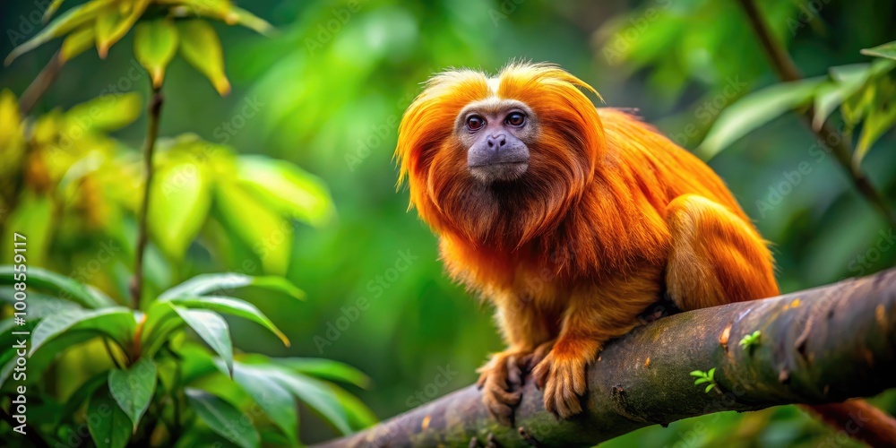 Golden Lion Tamarin perched on a branch in lush green rainforest habitat, showcasing vibrant fur colors Golden Lion Tamarin perched on a branch in lush green rainforest habitat, showcasing vibrant fur colors