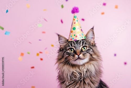 Happy, smiling cat wearing a colorful birthday hat, sitting on a pink background with confetti.