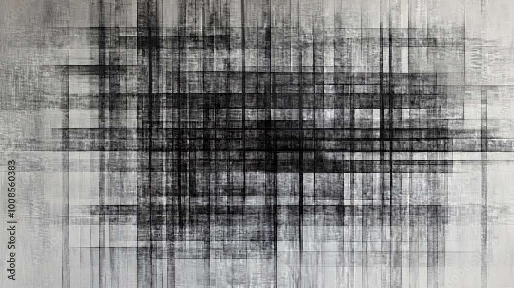 Thin, crisscrossing lines in alternating black and gray, forming a complex, grid-like pattern that adds structure and visual depth.